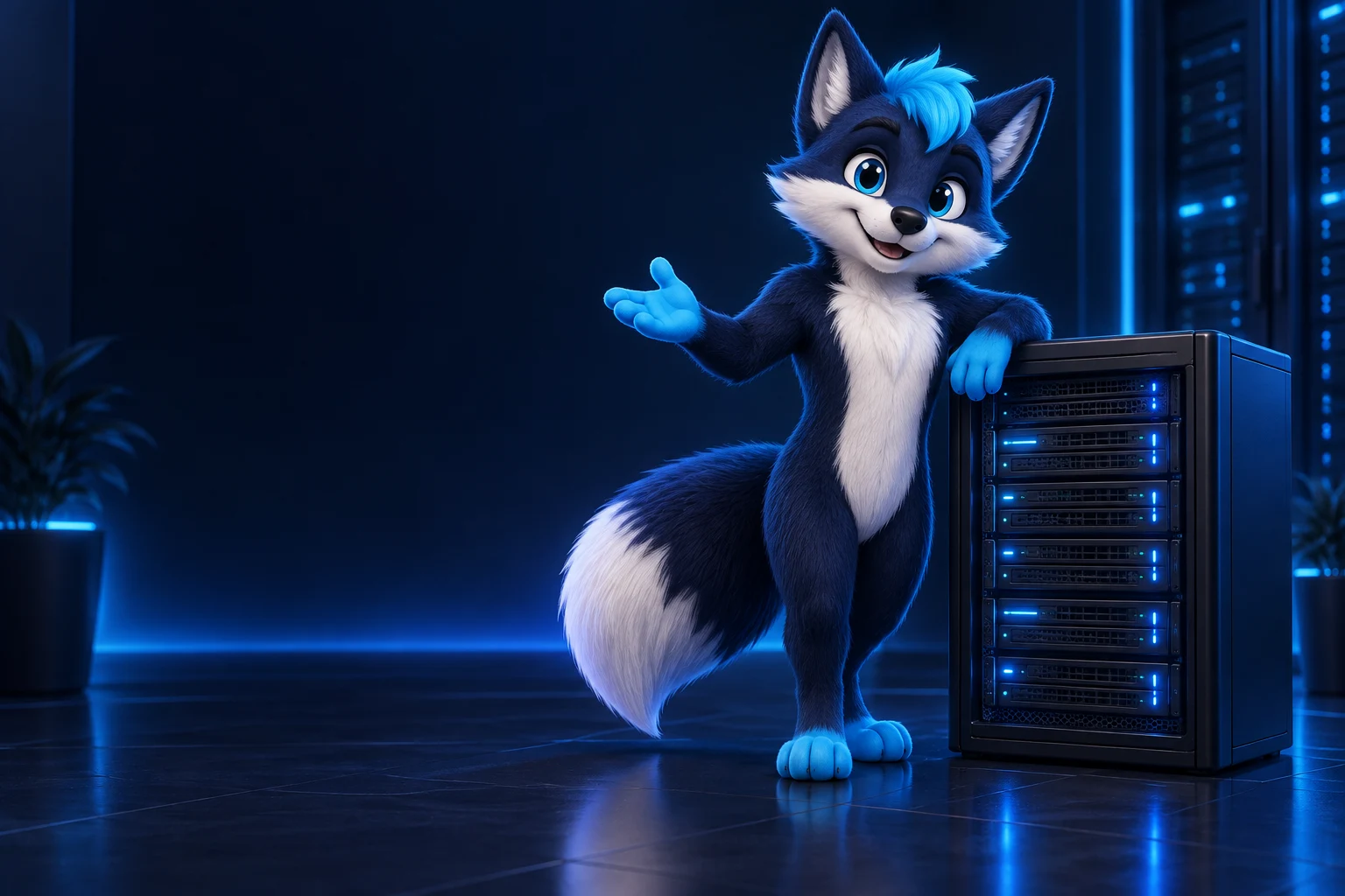 Der blaue HostingFox-Fuchs an einem Server