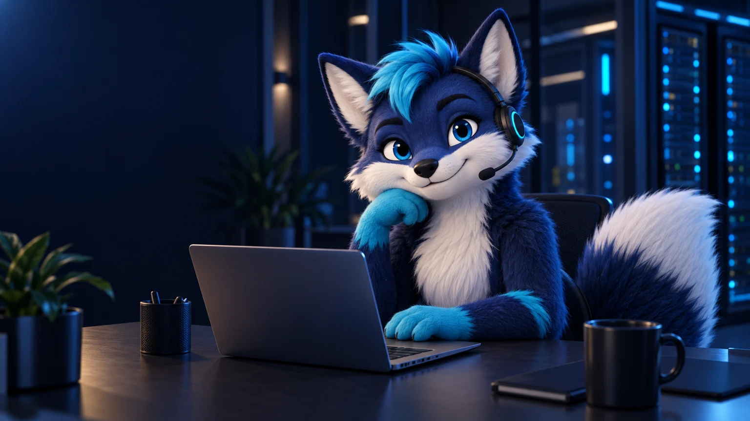 HostingFox mit Headset und Laptop bei der Betreuung